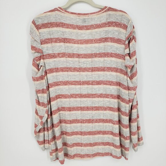 Lane‎ Bryant Striped Ribbed Knit Top 14 16 V Neck Ruched Long Sleeves Red Gray - Picture 2 of 7